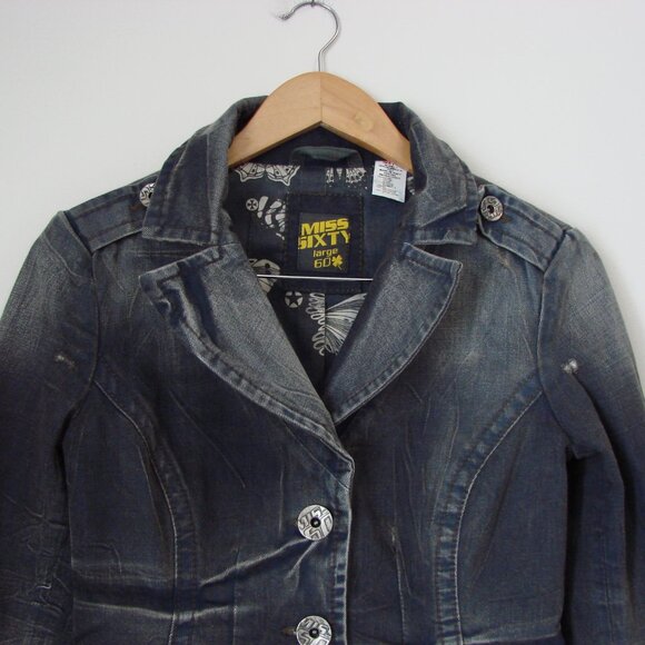 Vintage Y2K Miss Sixty Jacket Denim Jean Distressed Utility Gray Blue Medium - Picture 2 of 16